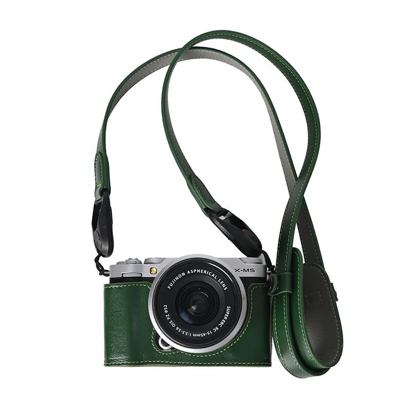 BMAOLLONGB X-M5 Case, Handmade Genuine Real Leather Half Camera Case Bag Cover for Fujifilm X-M5 Bottom Opening Version + Neck Strap (Green)
