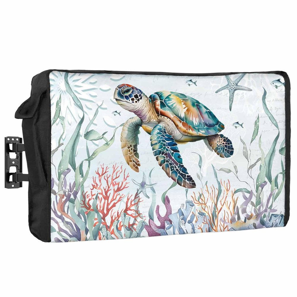 Falaniique Sea Turtle Coastal Waterproof Outdoor TV Cover 36-39 Inch Weatherproof, Summer Beach Coral Ocean Seaweed Outside Television Cover TV Screen Protector with Remote Control Pocket