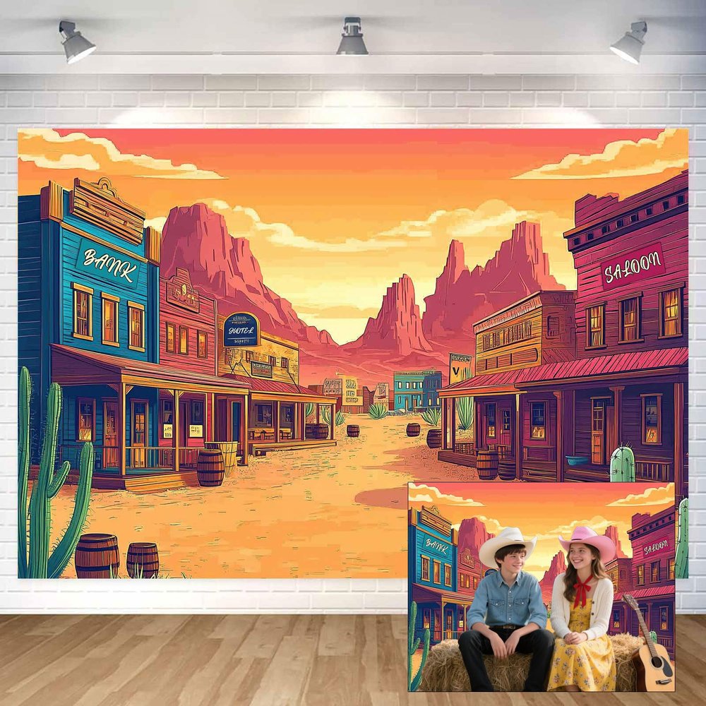 10x8ft Cartoon Western Backdrop Desert Cowboy Cactus Retro Building Mountain Wild West Photography Background Desert Sunset Cactus Summer Activities Party Decor Banner Photo Props