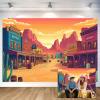 10x8ft Cartoon Western Backdrop Desert Cowboy Cactus Retro Building Mountain Wild West Photography Background Desert Sunset Cactus Summer Activities Party Decor Banner Photo Props view 1