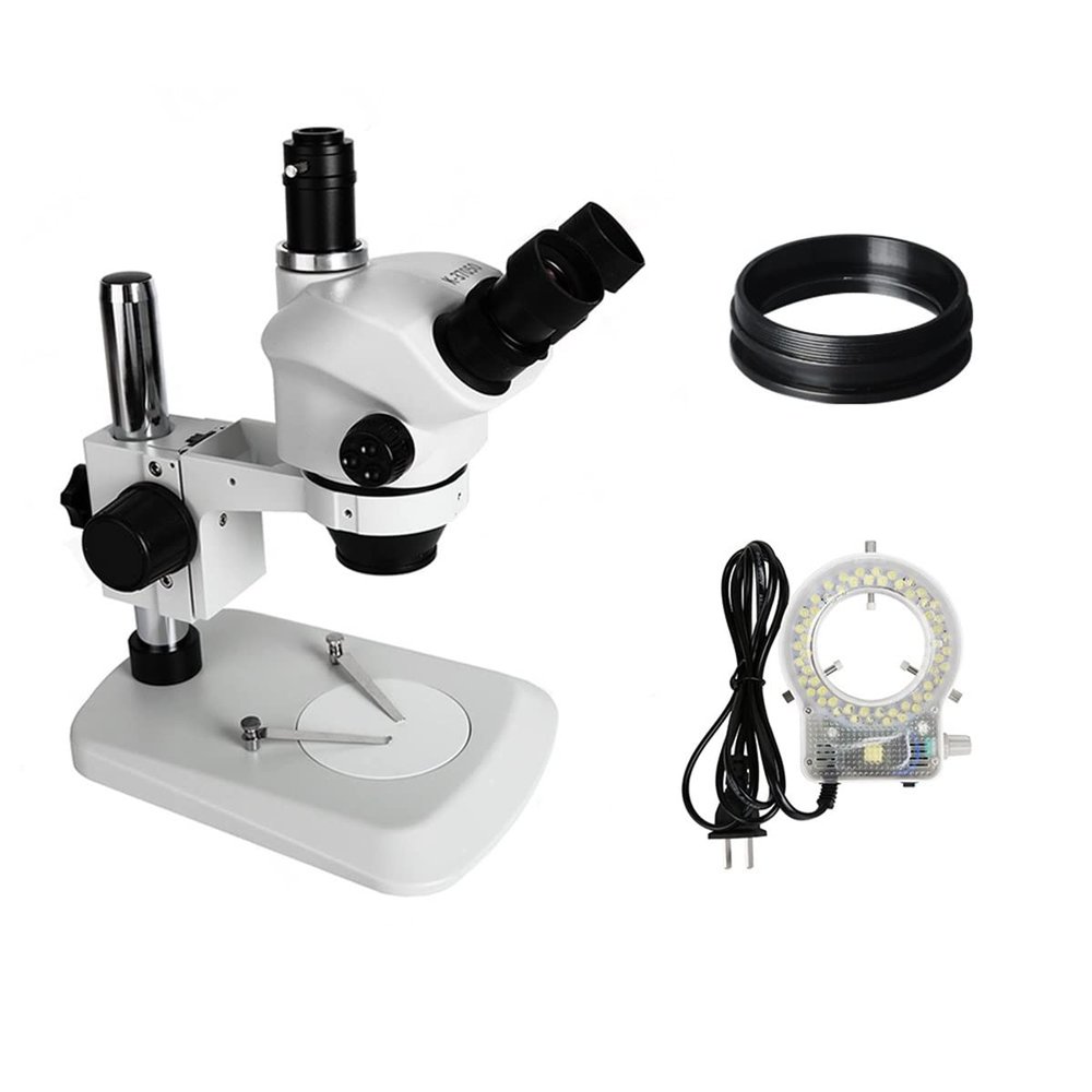 Microscope Kit 3.5X 7X 50X 100X Continuous Zoom Simul Focal Trinocular Stereo Microscope with 56 LED Ring Light for Phone PCB Soldering Repair Microscope Lens Adapters(Set 4 White)