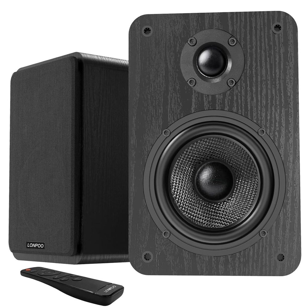 LONPOO Bluetooth Bookshelf Speakers, 60W Powered Speakers with Bluetooth/AUX-in/Optical/RCA, 4" Woofer and 1" Tweeter (Black)