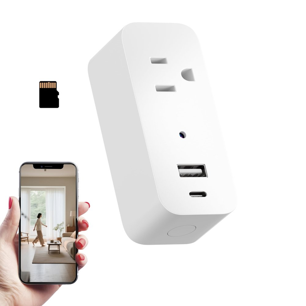 1080P Power Strip Mini Camera Wireless WiFi Connection App View Pictures Taking Plug Cam for Indoor Security Built-in 32GB SD Card Wall Outlet (No Audio)
