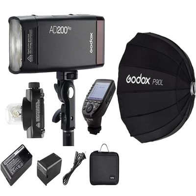 Godox AD200 Pro Godox AD200Pro Strobe Pocket Flash for Sony Camera, 200W TTL 1/8000s HSS and XPro-S Flash Trigger and Godox P90L Softbox, 500 Full Power Flashes, Bare Bulb/Speedlite Fresnel Flash HEA