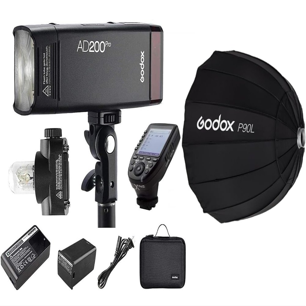 Godox AD200 Pro Godox AD200Pro Strobe Pocket Flash for Sony Camera, 200W TTL 1/8000s HSS and XPro-S Flash Trigger and Godox P90L Softbox, 500 Full Power Flashes, Bare Bulb/Speedlite Fresnel Flash HEA