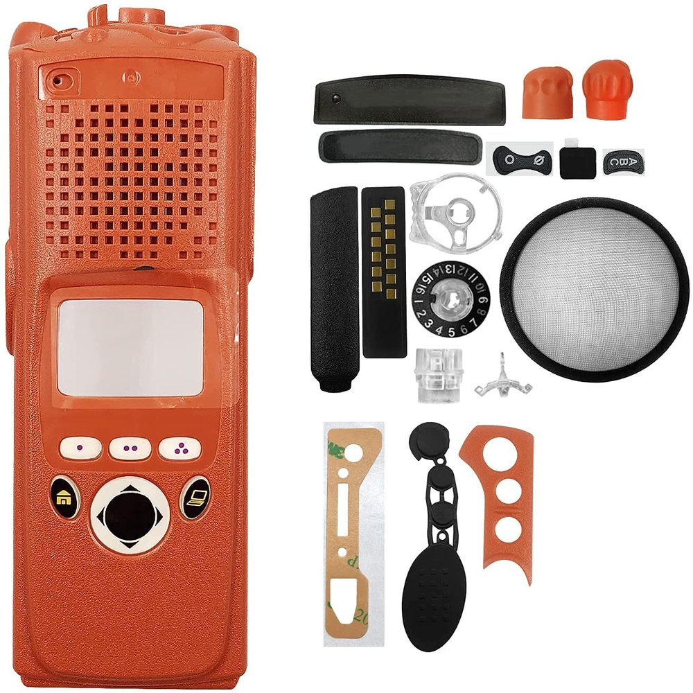 biemotwoway XTS5000 M2 Housing Replacement Kit for Motorola  High-Visibility Orange Case with Copper Sheet, Full Keypad, Knobs & Dust Cover