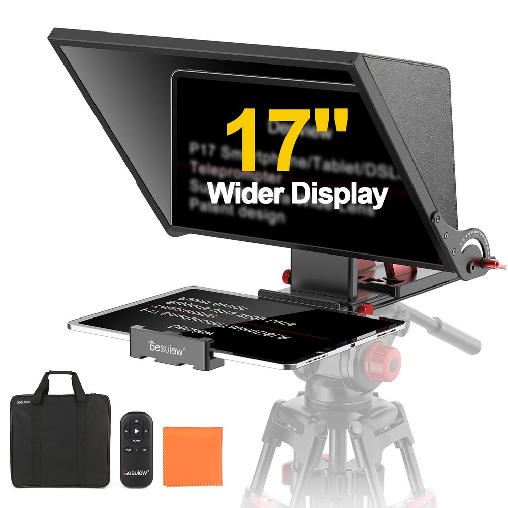 Desview P17 Portable Teleprompter for Camera Video Recording, Foldable Auto-Scrolling Prompter with Wireless Remote Sunshade & Tripod Mount Compatible with iPhone Android Tablet