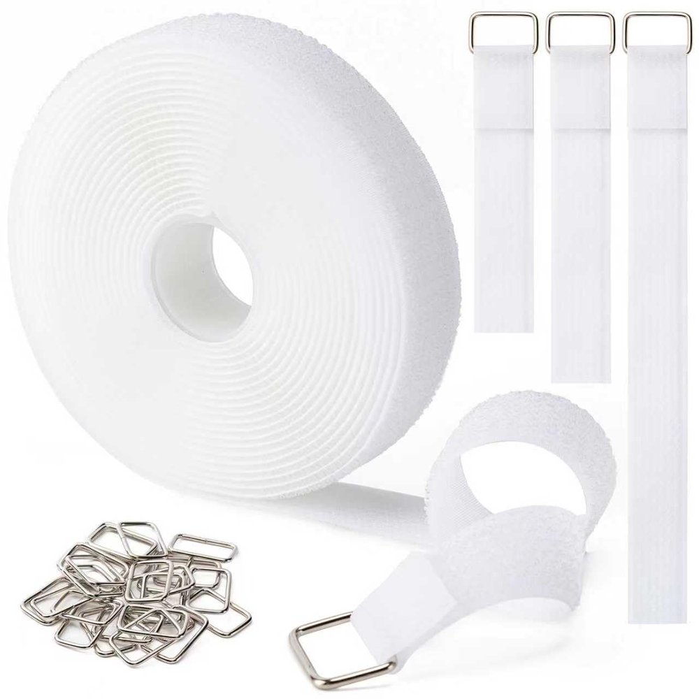1" x16Ft Hook and Loop Straps with 25 Metal Buckles, Adjustable Fastening Cable Straps, Free Cut Length, Reusable Nylon Cable Ties for Organizer or Storage, White