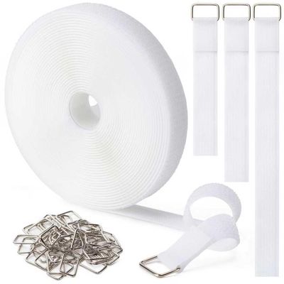 1" x32Ft Hook and Loop Straps with 50 Metal Buckles, Adjustable Fastening Cable Straps, Free Cut Length, Reusable Nylon Cable Ties for Organizer or Storage, White