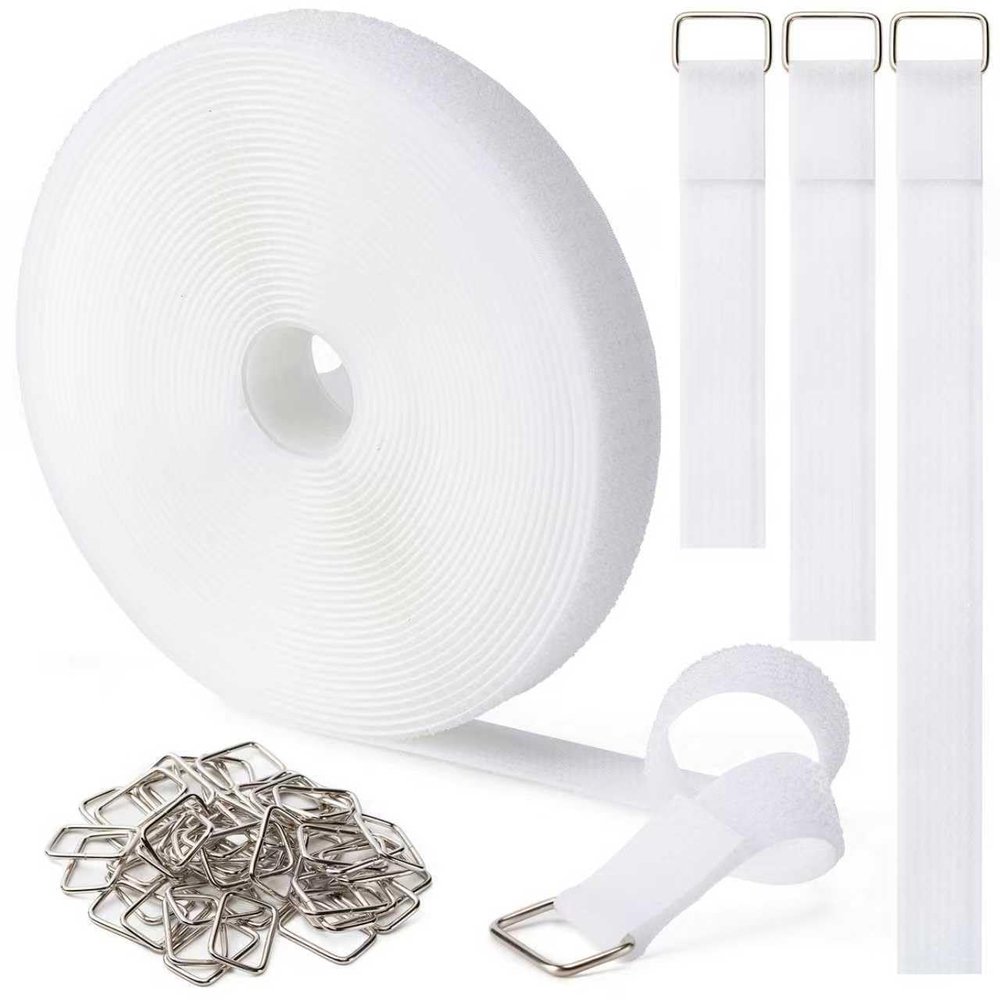 1" x32Ft Hook and Loop Straps with 50 Metal Buckles, Adjustable Fastening Cable Straps, Free Cut Length, Reusable Nylon Cable Ties for Organizer or Storage, White