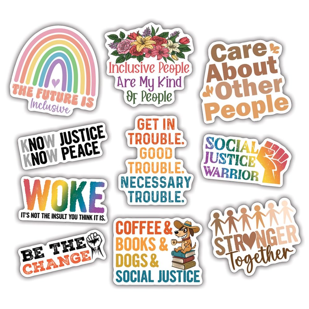 10pcs Social Justice Stickers Sheet, Empowering Inclusive Vinyl Decals for Activists, Teachers, Human Rights Advocates, Waterproof, UV-Resistant for Laptop, Water Bottle, Journal, Notebook