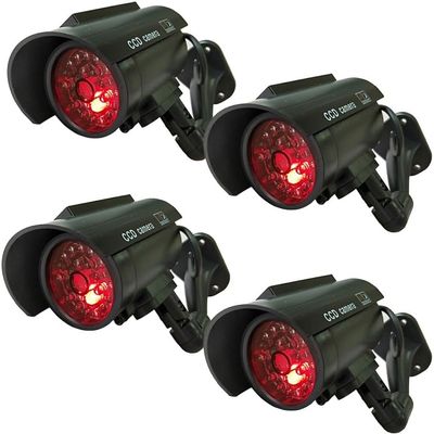 Solar Powered Dummy Fake Security Camera Bullet CCTV Surveillance with Simulated LED Realistic Red Flashing Light and Security Warning Sticker Decal Indoor Outdoor, 4 Pack