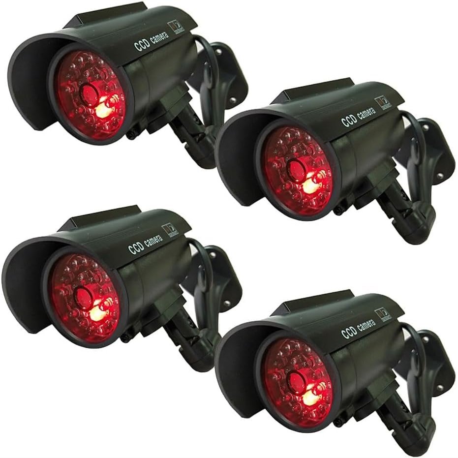 Solar Powered Dummy Fake Security Camera Bullet CCTV Surveillance with Simulated LED Realistic Red Flashing Light and Security Warning Sticker Decal Indoor Outdoor, 4 Pack