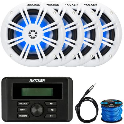 KICKER KMC3 Weather-Resistant Gauge-Style USB AM/FM Bluetooth Digital Media Receiver, 4X 6.5 150 Watts Max Power RGB LED Boat Coaxial Speakers, 22" Radio Antenna, 50 Feet 16 Gauge Speaker Wire