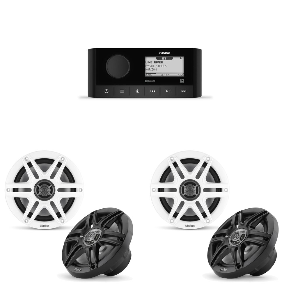 Fusion MS-RA60 Source Unit w/ (2 Pair) Clarion CMS-651-SWB 6.5-inch Coaxial Marine (Includes White & Black Sport Grilles)