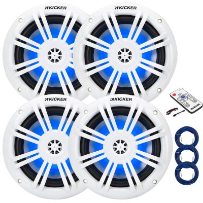 KICKER 51KM604WL KM 6.5" 150 Watts Max Power 4 ohms RGB LED Marine Coaxial Speakers (2 Pairs) Bundle Combo with 3X 20 Feet 16 Gauge Speaker Wire, LED Controller