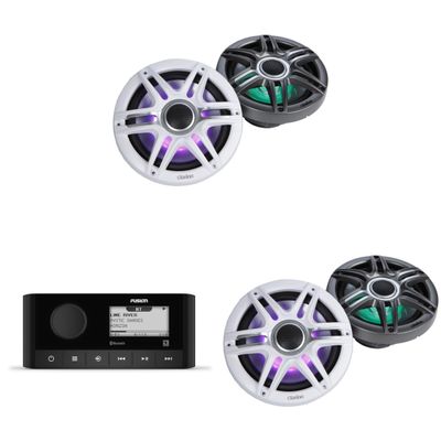 Fusion MS-RA60 Source Unit w/ (2 Pair) Clarion CMSP-771RGB-SWG Premium 7.7-inch Coaxial Marine Speakers with Built-in RGB Illumination (Includes White & Gray Sport Grilles)