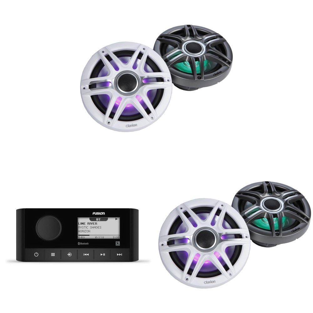 Fusion MS-RA60 Source Unit w/ (2 Pair) Clarion CMSP-771RGB-SWG Premium 7.7-inch Coaxial Marine Speakers with Built-in RGB Illumination (Includes White & Gray Sport Grilles)