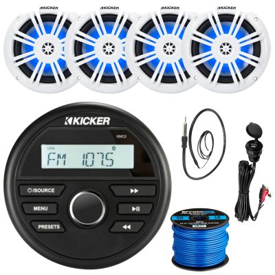 Kicker 46KMC2 All-Weather Marine Bluetooth USB/AUX AM/FM Gauge Style Media Center Receiver, 4X 6.5 150W Max Power RGB LED Boat Coaxial Speakers, USB/AUX Adapter, 22" Radio Antenna, 16G Speaker Wire