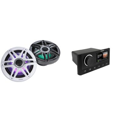 Fusion MS-RA670 Apollo Source Unit w/Clarion CMSP-771RGB-SWG Premium 7.7-inch Coaxial Marine Speakers with Built-in RGB Illumination (Includes White & Gray Sport Grilles)