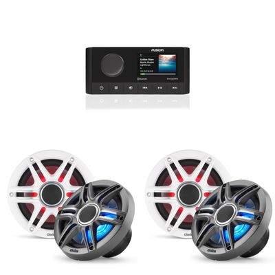 Fusion MS-RA210 Source Unit w/Clarion (2 Pair) CMSP-651RGB-SWG Premium 6.5-inch Coaxial Marine Speakers with Built-in RGB Illumination (Includes White & Gray Sport Grilles)