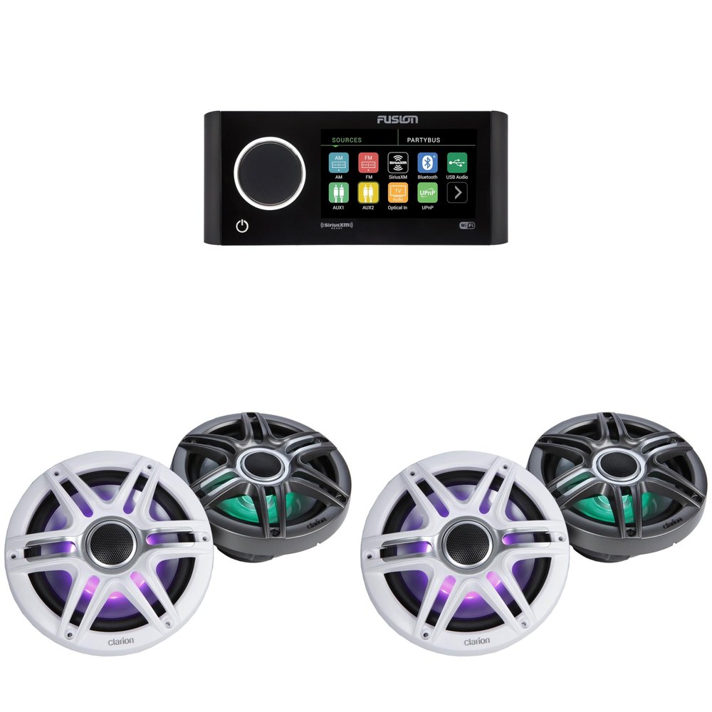 Fusion MS-RA770 Apollo Source Unit w/ (2 Pair) Clarion CMSP-771RGB-SWG Premium 7.7-inch Coaxial Marine Speakers with Built-in RGB Illumination (Includes White & Gray Sport Grilles)