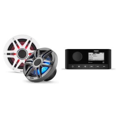 Fusion MS-RA60 Source Unit w/Clarion CMSP-651RGB-SWG Premium 6.5-inch Coaxial Marine Speakers with Built-in RGB Illumination (Includes White & Gray Sport Grilles)