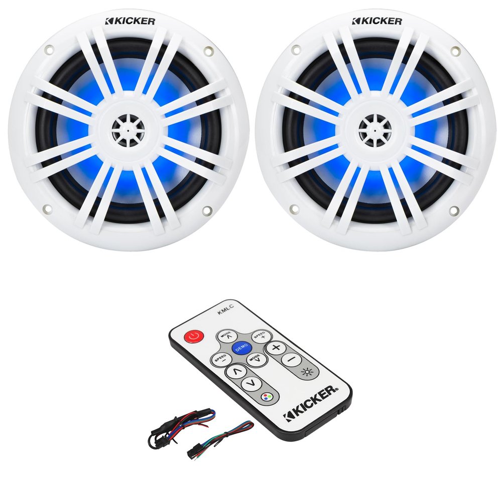 KICKER 51KM604WL KM 6.5" 150 Watts Max Power 4 ohms RGB LED Marine Coaxial Speakers (Pair) Bundle Combo with Marine LED Controller
