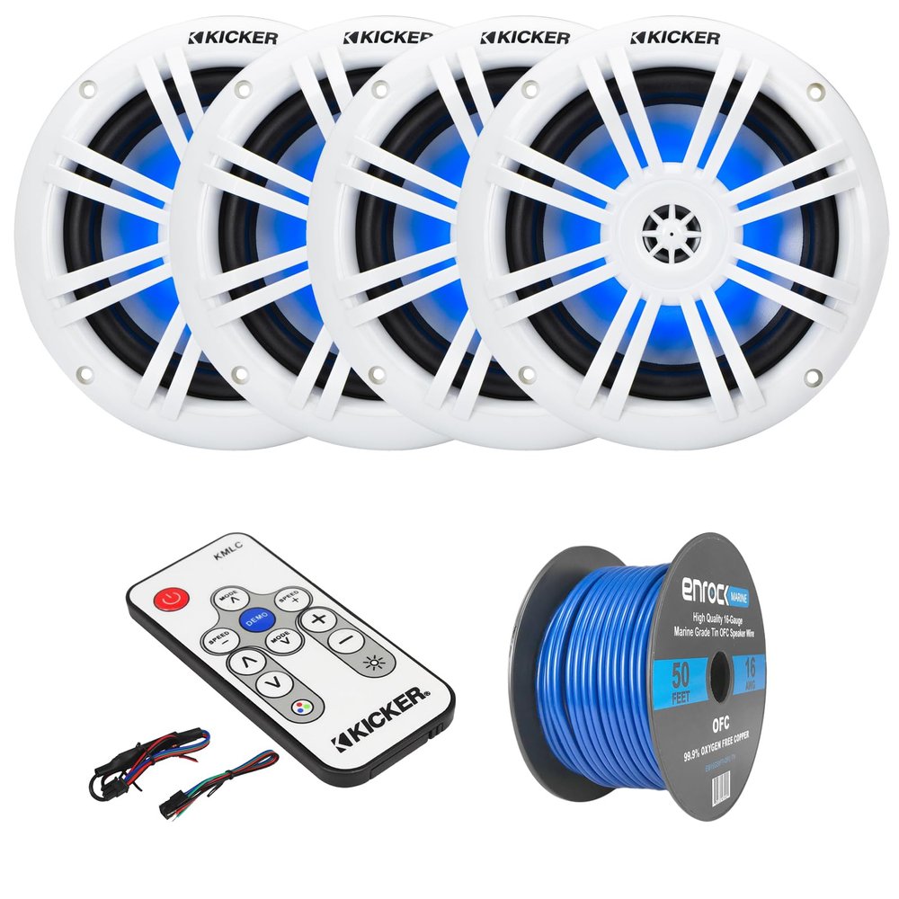 KICKER 51KM604WL KM 6.5" 150 Watts Max Power 4 ohms RGB LED Marine Coaxial Speakers (2 Pairs) Bundle Combo with 50 Feet 16 Gauge Speaker Wire, LED Controller