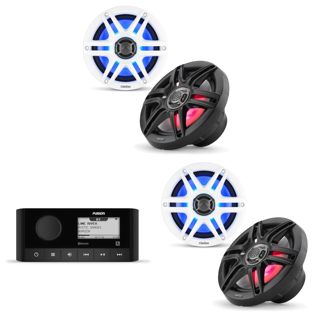 Fusion MS-RA60 Source Unit w/ (2 Pair) Clarion CMS-651RGB-SWB RGB LED 6.5-inch Coaxial Marine (Includes White & Black Sport Grilles)