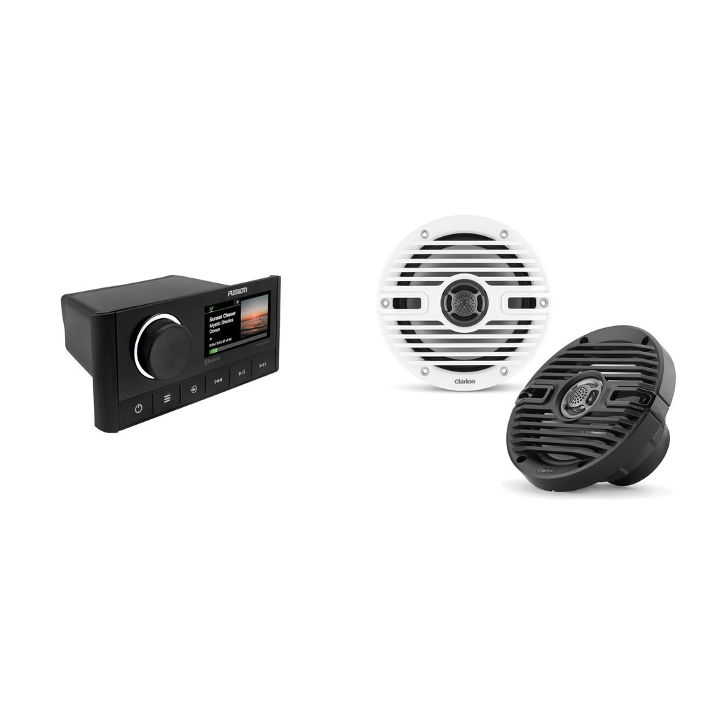 Fusion MS-RA670 Apollo Source Unit w/Clarion CMS-651-CWB 6.5-inch Coaxial Marine Speakers (Includes White & Black Classic Grilles)