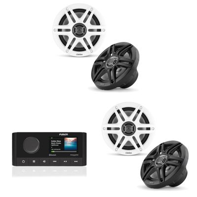 Fusion MS-RA210 Source Unit w/ (2 Pair) Clarion CMS-651-SWB 6.5-inch Coaxial Marine Speakers (Includes White & Black Sport Grilles)