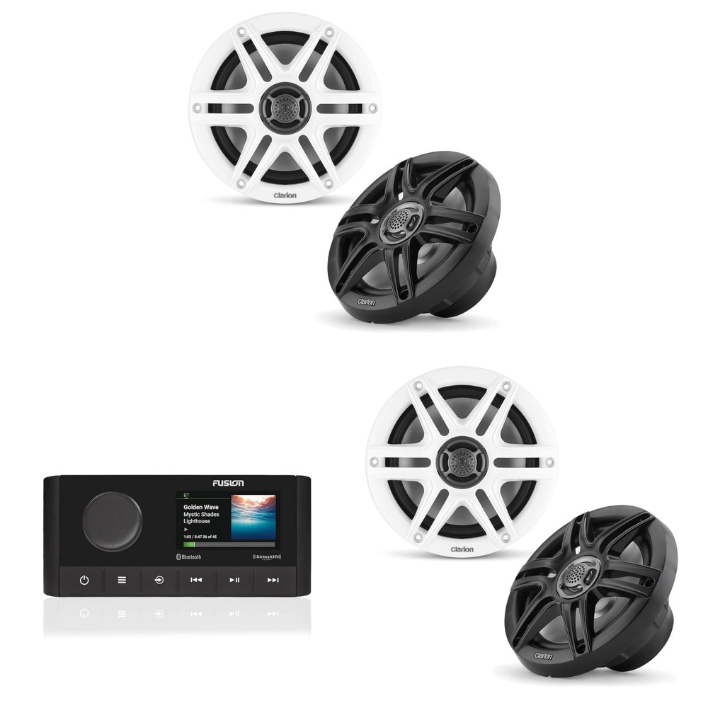Fusion MS-RA210 Source Unit w/ (2 Pair) Clarion CMS-651-SWB 6.5-inch Coaxial Marine Speakers (Includes White & Black Sport Grilles)