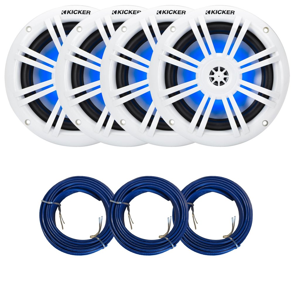 KICKER 51KM604WL KM 6.5" 150 Watts Max Power 4 ohms RGB LED Marine Coaxial Speakers (2 Pairs) Bundle Combo with 3X 20 Feet 16 Gauge Speaker Wire