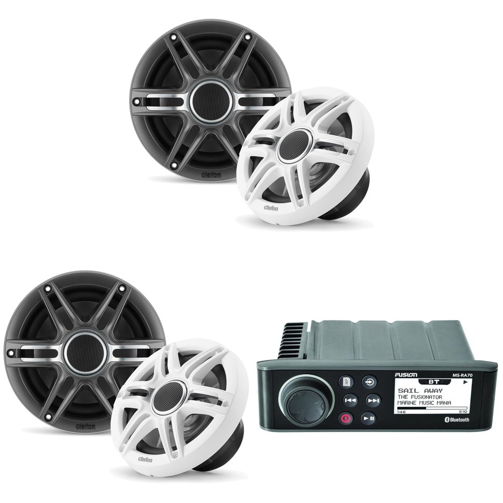Fusion MS-RA70 Source Unit w/ (2 Pair) Clarion CMSP-651-SWG Premium 6.5-inch Coaxial Marine Speakers (Includes White & Gray Sport Grilles)