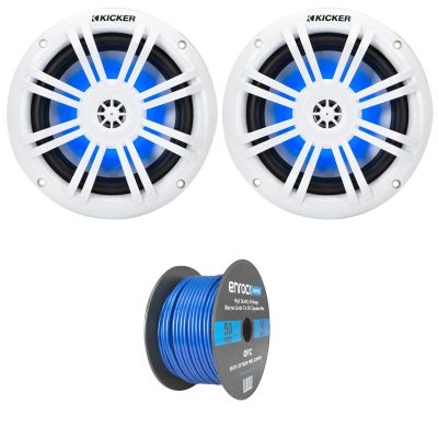 KICKER 51KM604WL KM 6.5" 150 Watts Max Power 4 ohms RGB LED Marine Coaxial Speakers (Pair) Bundle Combo 50 Feet 16 Gauge Speaker Wire