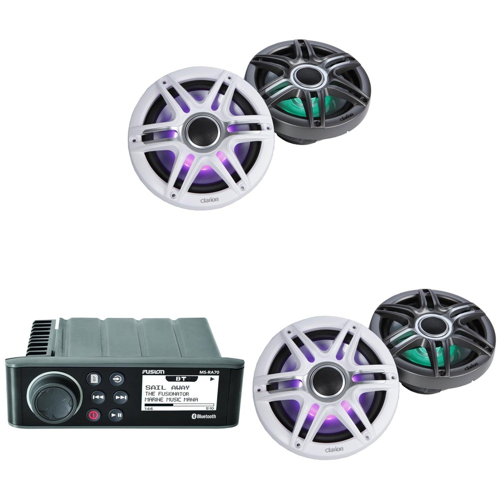 Fusion MS-RA70 Source Unit w/ (2 Pair) Clarion CMSP-771RGB-SWG Premium 7.7-inch Coaxial Marine Speakers with Built-in RGB Illumination (Includes White & Gray Sport Grilles)