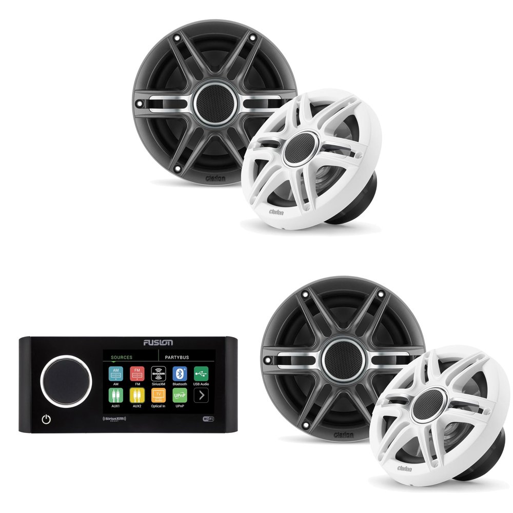 Fusion MS-RA770 Apollo Source Unit w/ (2 Pair) Clarion CMSP-651-SWG Premium 6.5-inch Coaxial Marine Speakers (Includes White & Gray Sport Grilles)