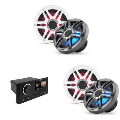 Fusion MS-RA670 Apollo Source Unit w/ (2 Pair) Clarion CMSP-651RGB-SWG Premium 6.5-inch Coaxial Marine Speakers with Built-in RGB Illumination (Includes White & Gray Sport Grilles)