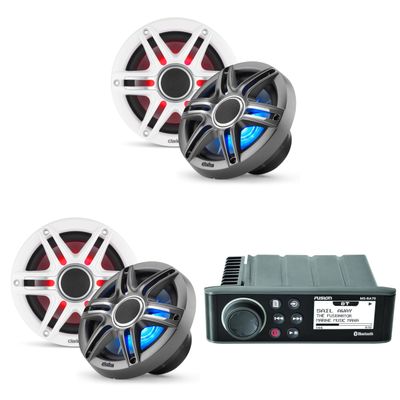 Clarion Fusion MS-RA70 Source Unit w/ (2 Pair CMSP-651RGB-SWG Premium 6.5-inch Coaxial Marine Speakers with Built-in RGB Illumination (Includes White & Gray Sport Grilles)