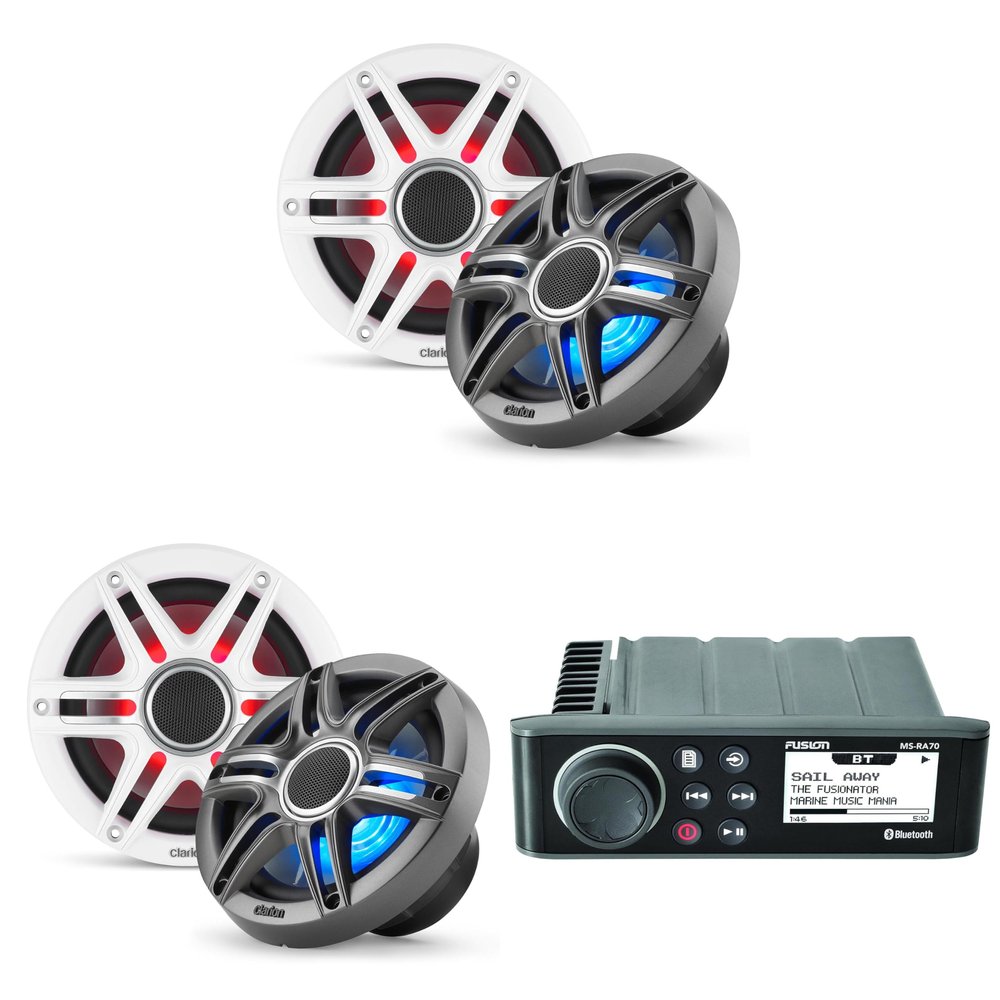 Clarion Fusion MS-RA70 Source Unit w/ (2 Pair CMSP-651RGB-SWG Premium 6.5-inch Coaxial Marine Speakers with Built-in RGB Illumination (Includes White & Gray Sport Grilles)