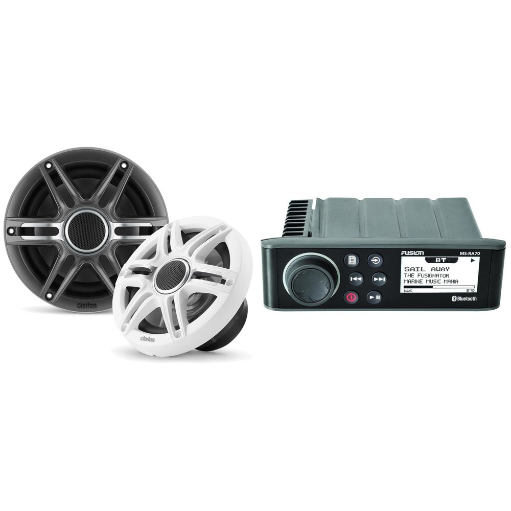 Fusion MS-RA70 Source Unit w/Clarion CMSP-651-SWG Premium 6.5-inch Coaxial Marine Speakers (Includes White & Gray Sport Grilles)