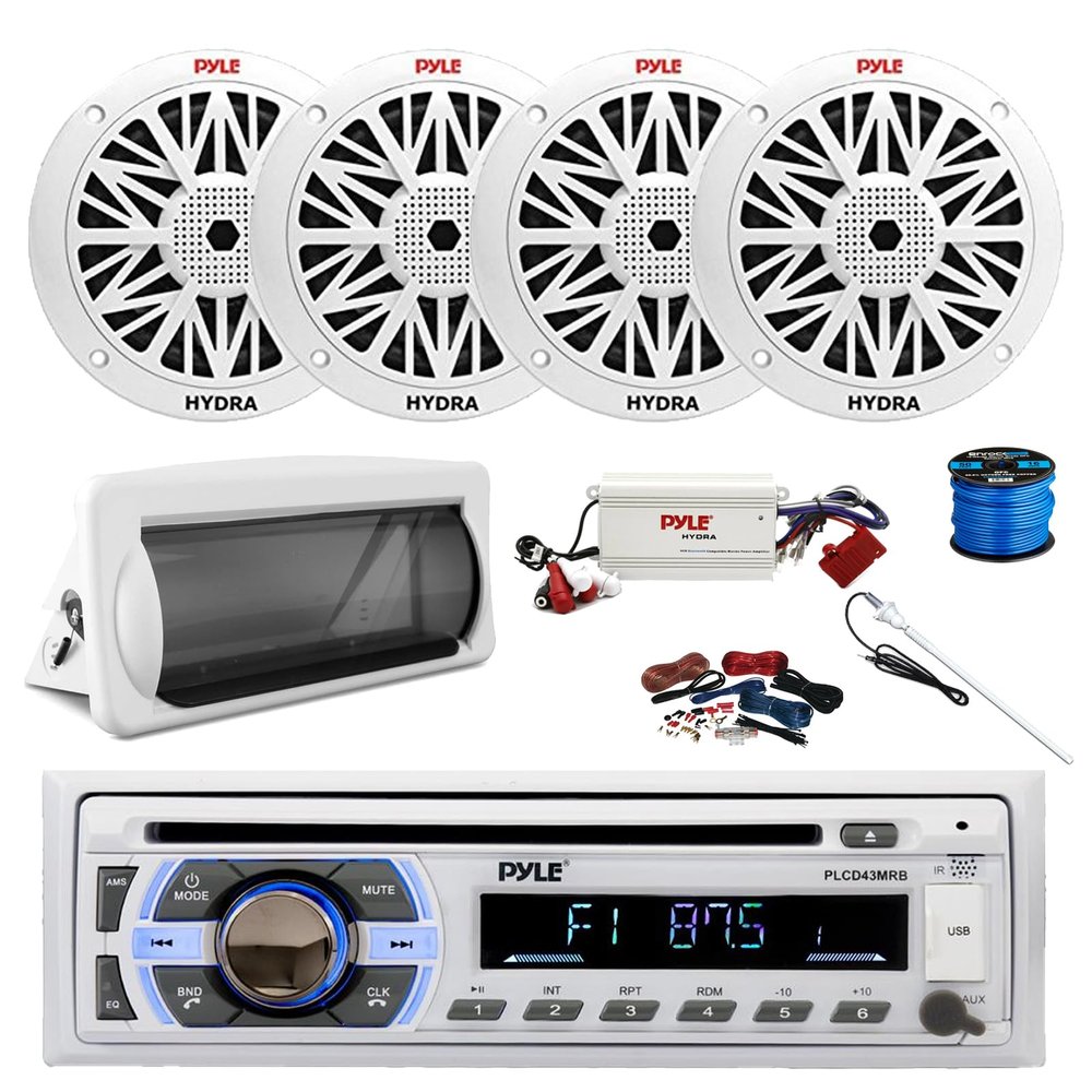 Pyle PLCD43MRB Marine Single DIN Bluetooth CD Stereo Receiver, Slide-Up Cover, Bluetooth Amplifier w/Kit, 4X 6.5 200 Watt Peak Full Range 2-Way Waterproof Speakers w/Wire, Long Range Radio Antenna