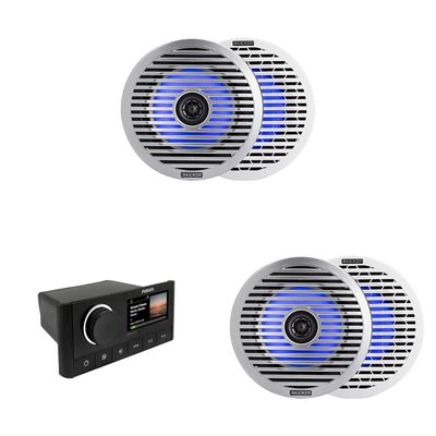 Kicker (2 Pair) 51KM614FL 6.5-Inch (165mm) Thin-Mount Marine Coaxial Speakers with RGB LED, 4-Ohm, White & Silver Grilles Included, Bundled with MS-RA670 Apollo Marine Receiver