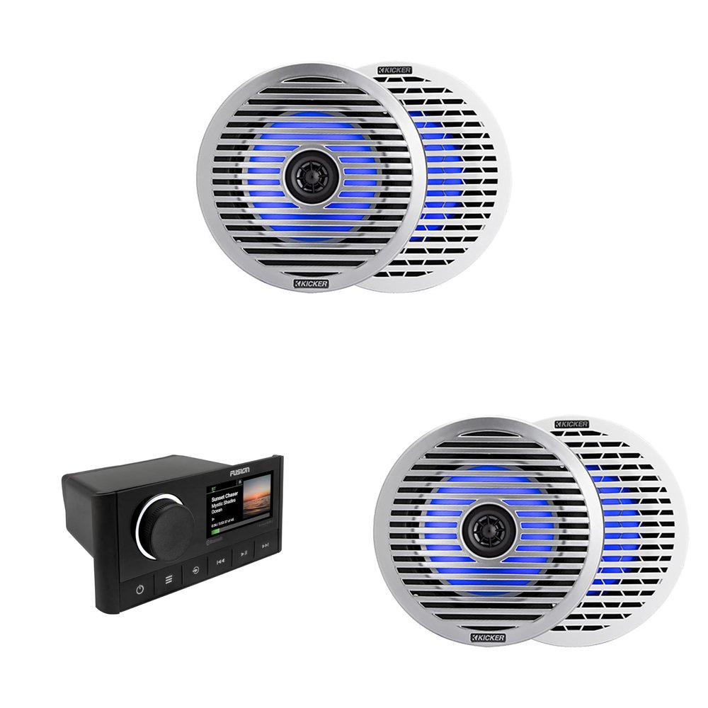 Kicker (2 Pair) 51KM614FL 6.5-Inch (165mm) Thin-Mount Marine Coaxial Speakers with RGB LED, 4-Ohm, White & Silver Grilles Included, Bundled with MS-RA670 Apollo Marine Receiver