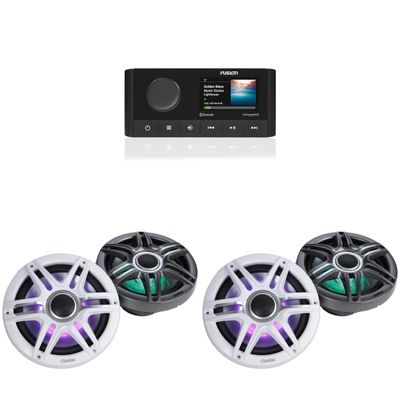 Fusion MS-RA210 Source Unit w/ (2 Pair) Clarion CMSP-771RGB-SWG Premium 7.7-inch Coaxial Marine Speakers with Built-in RGB Illumination (Includes White & Gray Sport Grilles)