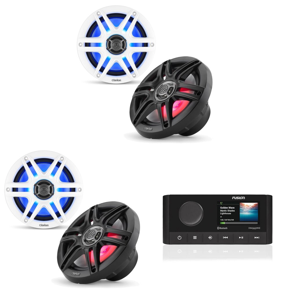Fusion MS-RA210 Source Unit w/Clarion (2 Pair) CMS-651RGB-SWB 6.5-inch Coaxial Marine Speakers with Built-in RGB Illumination (Includes White & Black Sport Grilles)