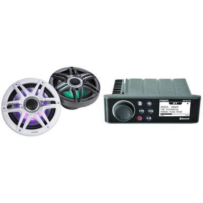 Fusion MS-RA70 Source Unit w/Clarion CMSP-771RGB-SWG Premium 7.7-inch Coaxial Marine Speakers with Built-in RGB Illumination (Includes White & Gray Sport Grilles)