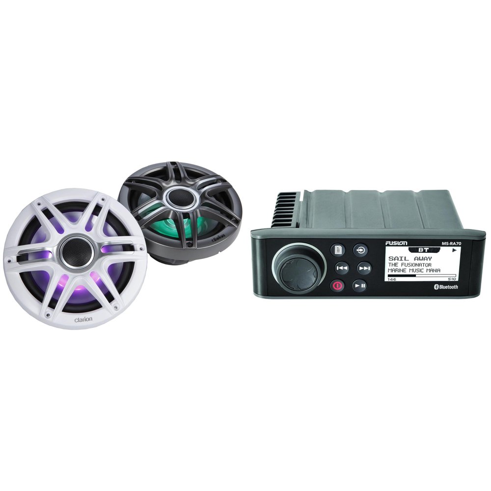 Fusion MS-RA70 Source Unit w/Clarion CMSP-771RGB-SWG Premium 7.7-inch Coaxial Marine Speakers with Built-in RGB Illumination (Includes White & Gray Sport Grilles)