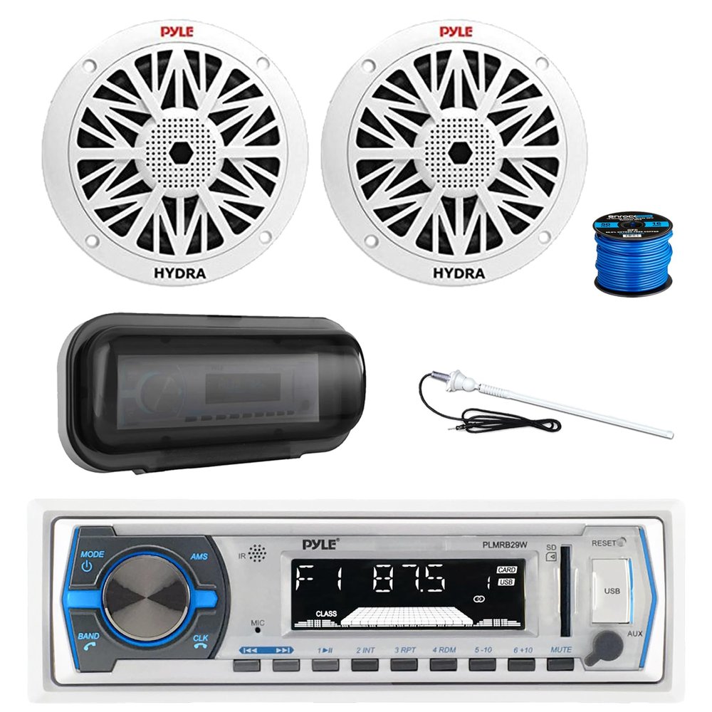 Pyle PLMRB29W Marine Single DIN Bluetooth MP3 Stereo Receiver, Radio Cover, 2X 6.5 200 Watt Peak Full Range 2-Way Waterproof Audio Speakers w/Wire, Long Range Antenna